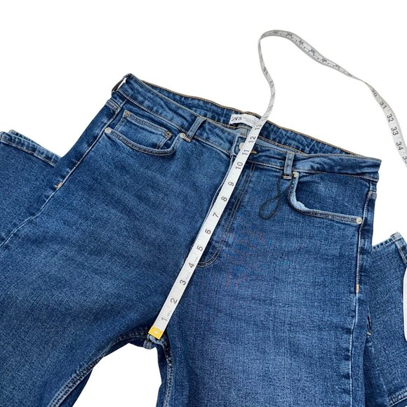 Zara Womens Hi-Rise Straight Leg Blue Denim Jeans Size USA 12 Side Ankle Split - Picture 5 of 13